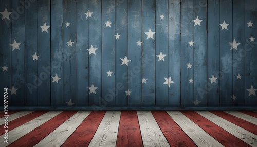 A rustic wooden wall and floor painted with stars and stripes in red, white, and blue colors.