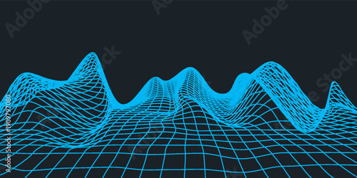 Abstract gentle hills in wireframe strokes. Landscape illustration of 3D mesh technology. Cyberspace digital terrain in mountains with valleys. Wide size canvas. Orange on dark colors. Vector