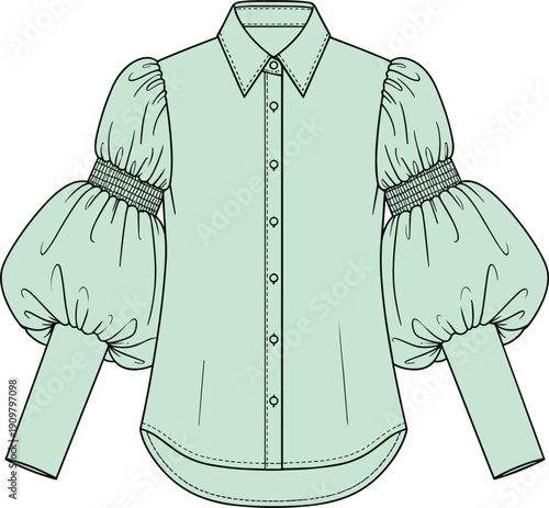 Fashion blouse flat sketch, puff sleeve design, mint green garment illustration, vector CAD drawing, stylish women’s clothing, fashion flat vector