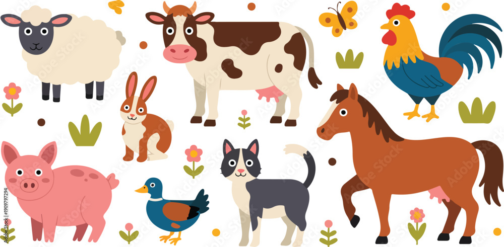Fototapeta premium Cute Farm Animals Outline Character Set Cow, Pig, Horse, Sheep and Birds