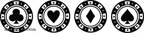 Flat design close up row of four black poker chips with club heart diamond and spade symbols minimal top view