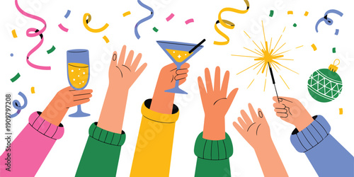 Celebration Party Outline Icon Set  Hands with Drinks and Confetti