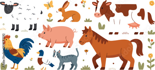 Cute Farm Animals Outline Character Set  Cow, Pig, Horse, Sheep and Birds