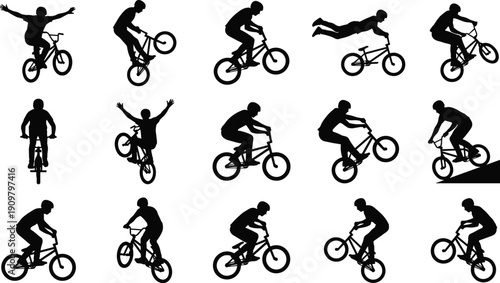 BMX rider silhouettes set, freestyle bicycle stunt collection, extreme sports action poses, cycling tricks vector illustration isolated on white