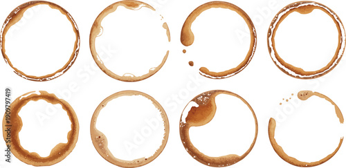Coffee stain circles and brown ring splatters on transparent background for cafe menu and restaurant branding