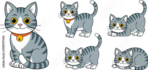 Cute Gray Tabby Cat Outline Character Set  Playful Poses and Emotions