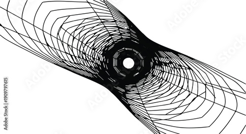 Futuristic abstract tunnel vortex black and white illustration with curved lines and circular shape on white background for tech design concept
