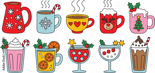 Festive Winter Drinks Outline Icon Set Hot Chocolate, Coffee, and Seasonal Beverages