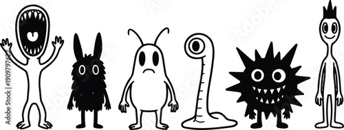Hand drawn doodle monster lineup playful black and white vector characters standing in a row cute quirky simple line art
