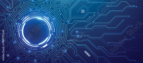 Luminous round gateway with microchip traces spreading across technological backdrop. Sci-fi neon design featuring HUD display, cyber aesthetics, and electronic patterns in blue tones.