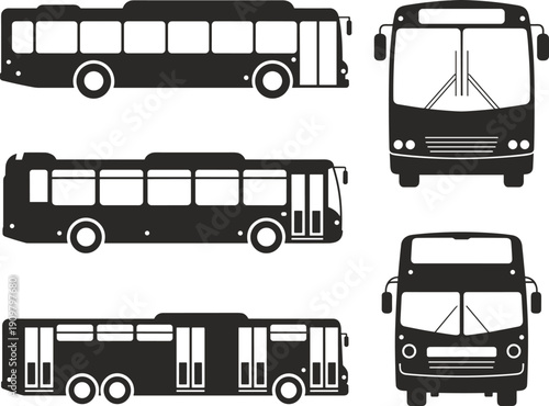 City bus silhouettes collection, public transport vehicle set, urban transit illustration, coach and double bus vector isolated on white