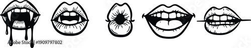 Tattoo flash five stylized mouth icons showing vampire fangs dripping bite puckered lip tongue out toothpick close up line art