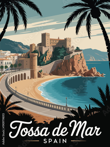Coastal fortress poster, beige stone walls towers and castle keep with sandy beach and arched promenade