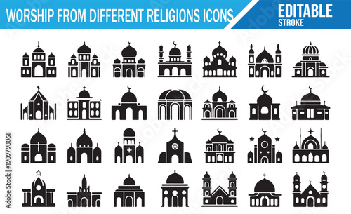 Simple outline icons of religious structures.