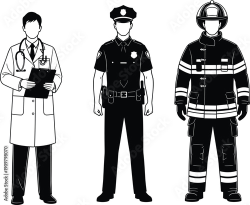 Doctor police officer and firefighter vector illustration, professional emergency services workers standing isolated on white background uniform design