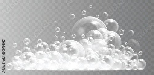 Realistic soapy foam with glossy air bubbles isolated on transparent backdrop. Vector illustration
