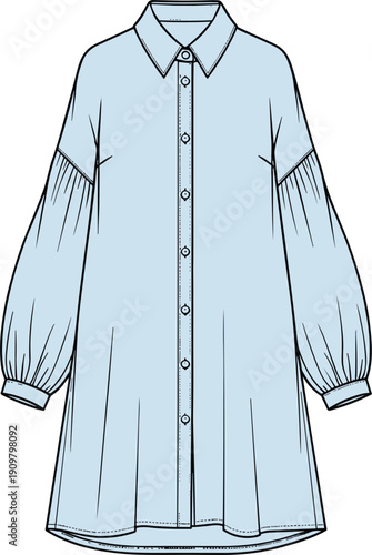 Fashion flat sketch, long sleeve shirt dress, bishop sleeve garment, technical cad drawing, vector illustration, apparel design, clothing template