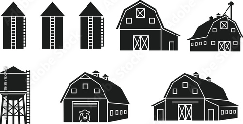 Farm buildings silhouettes collection, barns silos and water tower icons, rural agriculture illustration, countryside structures, vector design, isolated on white background
