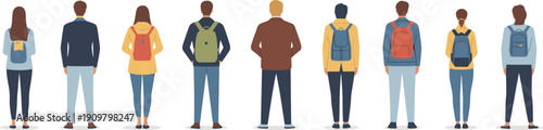 Students rear view, people with backpacks, school college characters, casual outfit standing, education lifestyle concept, youth back view illustration