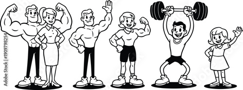 Retro cartoon line art group of diverse characters flexing lifting weights smiling in gym lineup with close up expressions poses