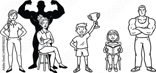 Line art vector portrait of smiling boy holding trophy and girl reading with muscular man flexing in studio bold mood