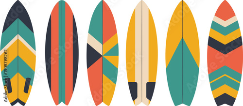 Colorful Surfboard Vector Set  Modern Tropical Beach Boards with Geometric Patterns