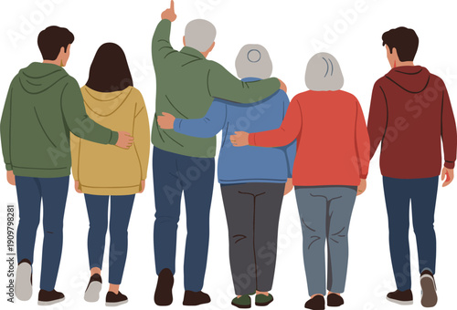 Happy multigenerational family walking together, back view of grandparents and children bonded, unity and support in vector illustration