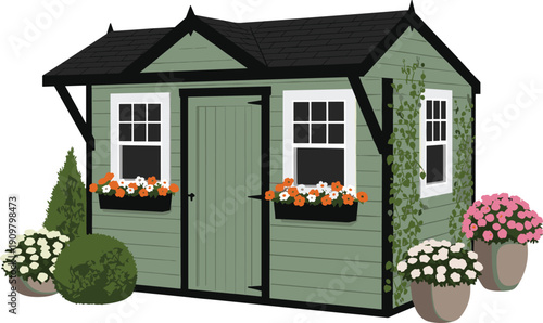 Garden shed cottage vector illustration, small wooden house with flowers and plants isolated on white background outdoor design