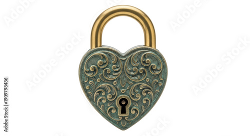 Heart-shaped padlock with intricate floral design isolated PNG, antique-style love lock for romantic themes and security concepts