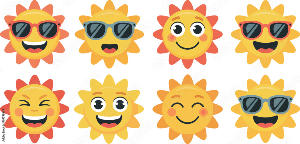 Fototapeta premium Cute Smiling Sun Emoji Vector Set Cartoon Summer Sunshine Faces