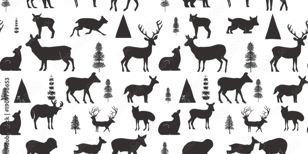 Fototapeta premium Woodland animals and forest trees seamless pattern