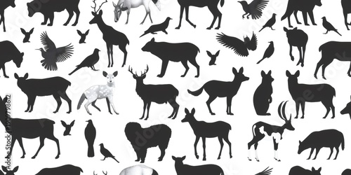 Wildlife animal silhouettes creating a seamless pattern