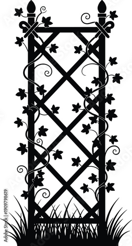 Garden trellis with climbing ivy silhouette vector illustration, decorative outdoor plant support isolated on white background design