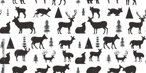 Woodland animals and forest trees seamless pattern