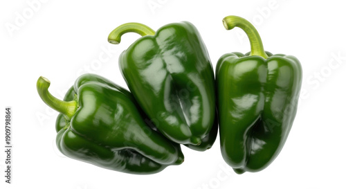 Fényképezés Three green bell peppers isolated PNG, fresh vegetables on transparent backgroun