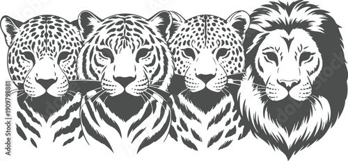 Wild Big Cat Head Outline Illustration Set Leopard, Tiger, Cheetah, and Lion Front View