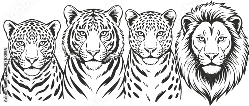 Wild Big Cat Head Outline Illustration Set Leopard, Tiger, Cheetah, and Lion Front View