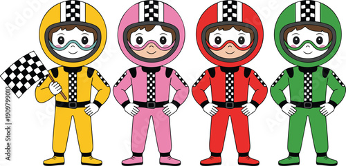 Cute Racing Drivers Team Outline Illustration  Kids Motorsport Characters with Helmets