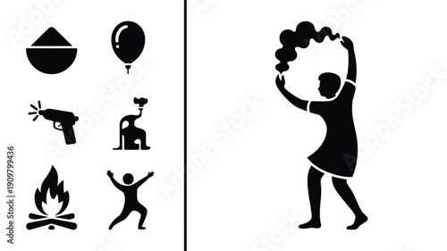 Holi Festival Vertical Symbolic Icon Silhouette Set with Color Bowl Water Gun Bonfire and Dancing Figure