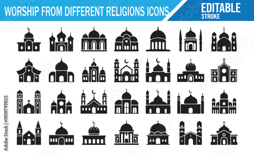 Faith and spirituality symbols, temple and church icons.