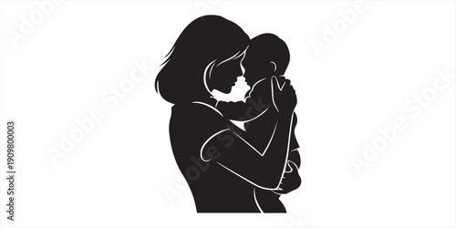 Solid black silhouette mother holding child in arms
