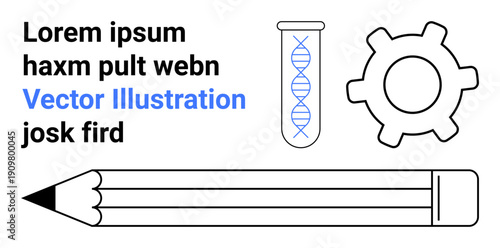 Education, science, technology, research, learning, creativity. DNA helix in test tube, gear symbol pencil outline. Education and science concept for learning and research