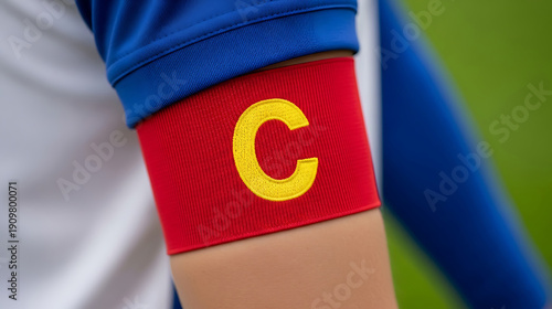 Close-up on a soccer player's arm wearing a red captain's armband with a yellow 'C' emblem, symbolizing leadership and team spirit.