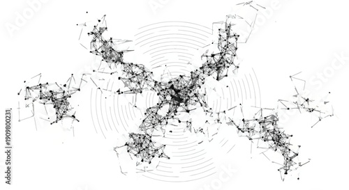 Network connection diagram with nodes and lines on white background, illustrating complex system relationships and data exchange in a modern technical style