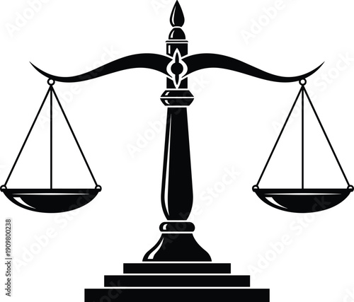 Justice scales silhouette, law balance symbol illustration, legal system concept, courtroom equality, judicial emblem, vector design, isolated on white background, fairness
