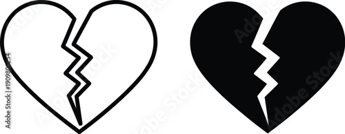 Outline and solid black heart icons visually represent romantic separation, emotional pain, or relationship failure against a plain white.