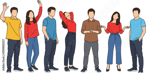 Diverse group of young people standing together in casual outfits, waving hands, gesturing, and expressing positive emotions, flat vector illustration
