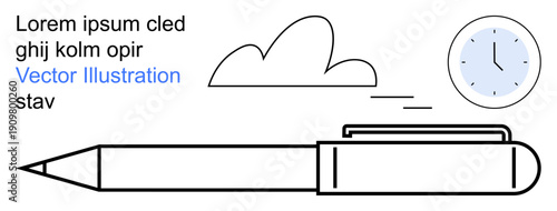 Time management, creativity, productivity, writing tools, office supplies, minimalism. Pen with a cloud and clock. Time management and creativity conceptually in vector format