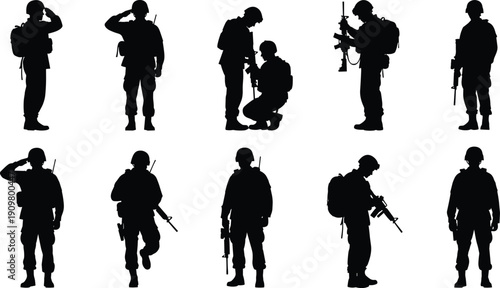 Military soldiers silhouettes collection, armed forces personnel with weapons, army team illustration, defense, security, combat readiness, tactical uniform, vector, isolated on white background