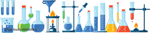 Laboratory glassware and chemistry equipment set, scientific experiment flasks test tubes burner vector illustration isolated on white background